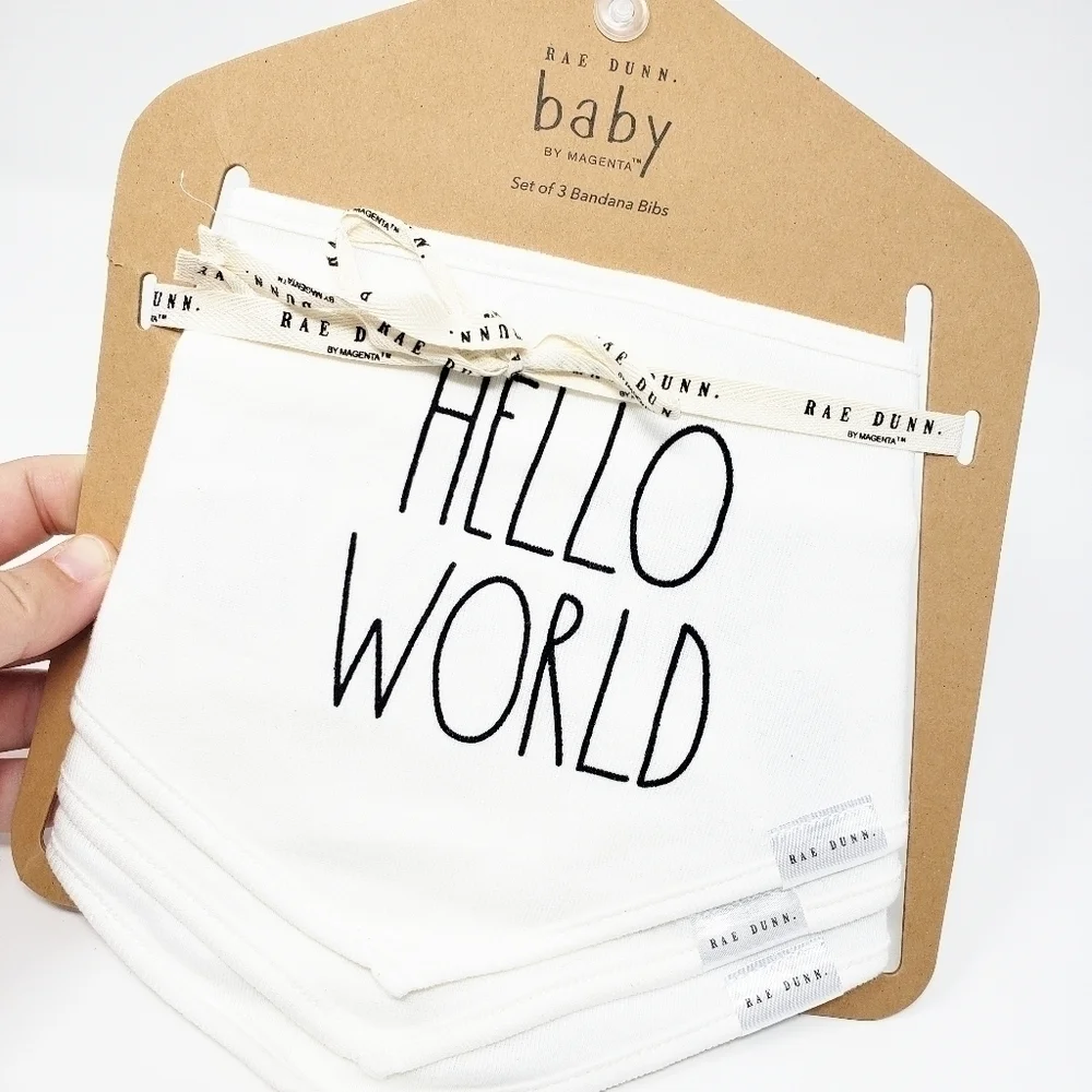RAE DUNN Hello World bib set bandana style